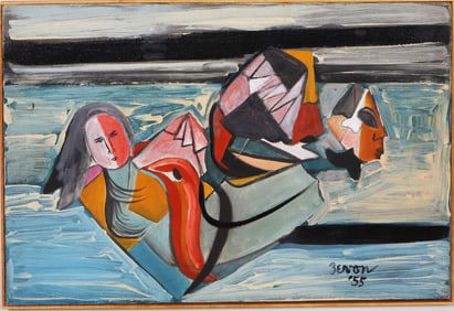 Irene Zevon (1918-2006) Signed Vintage American Modernist Cubist Seascape Portrait Oil Painting
