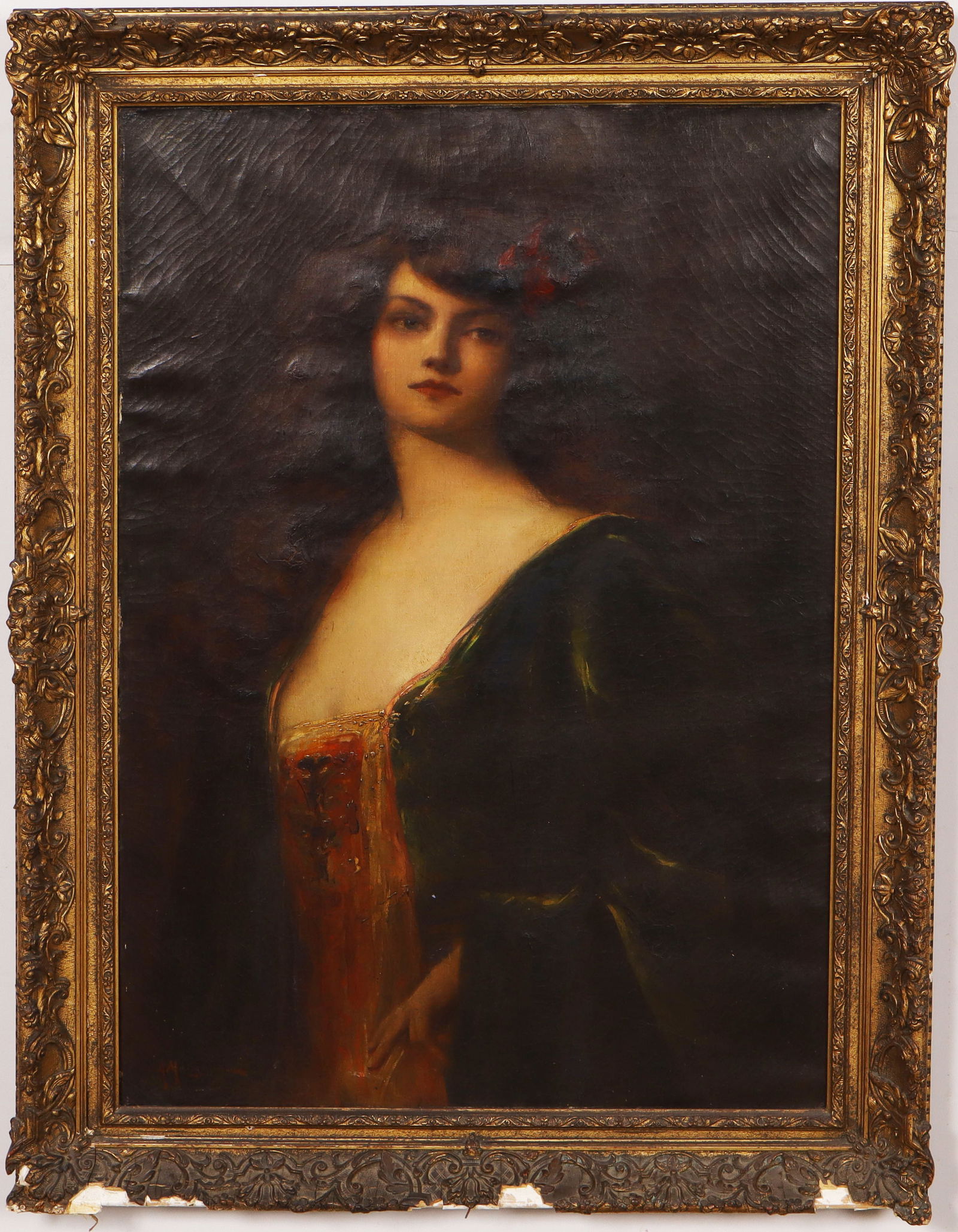 Large Signed Antique French Impressionist Woman Portrait Framed Oil Painting: Antique French portrait oil painting. Oil on canvas. Framed but the frame is not stable. We can not guarantee it survives shipping, if you choose to send unframed shipping is set to $100. Measuring: 3