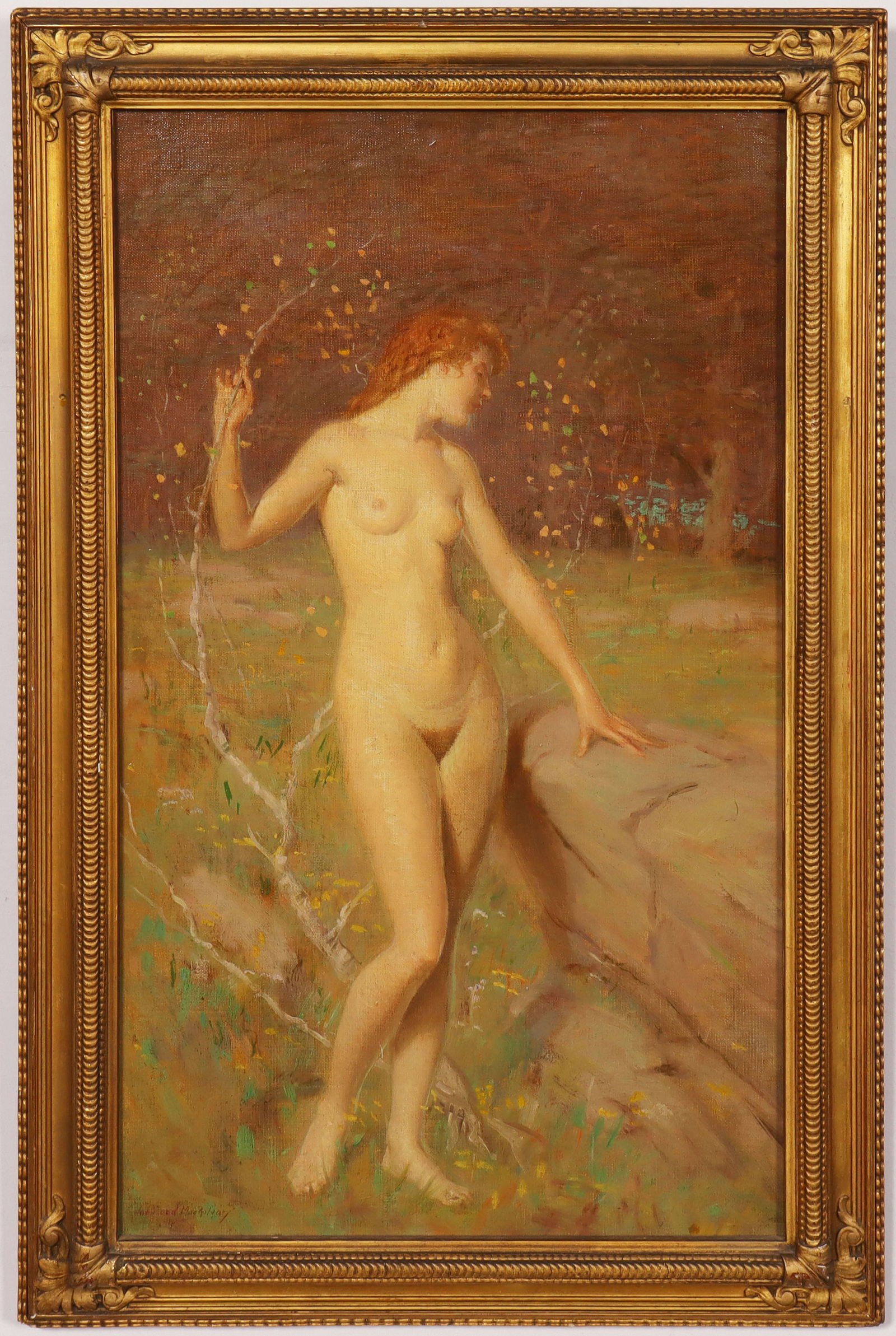Norwood Hodge MacGilvary (1874-1950) Antique American Impressionist Nude Woman Portrait Oil Painting: Antique American impressionist nude woman portrait oil painting by Norwood Hodge MacGilvary (1874 - 1949/50). Measuring: 17.5 by 28 inches overall, and 14 by 24 painting alone. Please see all images f