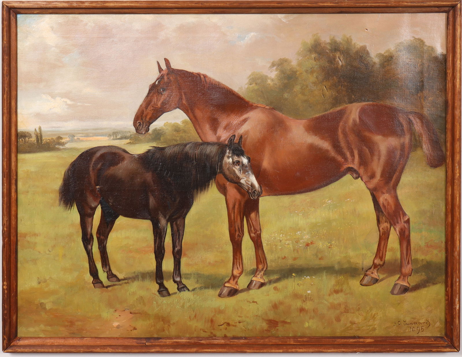 19th Century Antique American Realist Horse Portrait Framed Landscape Signed Large Oil Painting: Antique American realist horse portrait oil painting. Oil on canvas. Framed. Signed. Measuring: 29.25 by 37.25 inches overall, and 28 by 36 painting alone. Please see all images for condition.