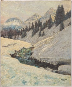 Signed R. Miller 1923 Antique American Impressionist Winter Snow Landscape Oil Painting