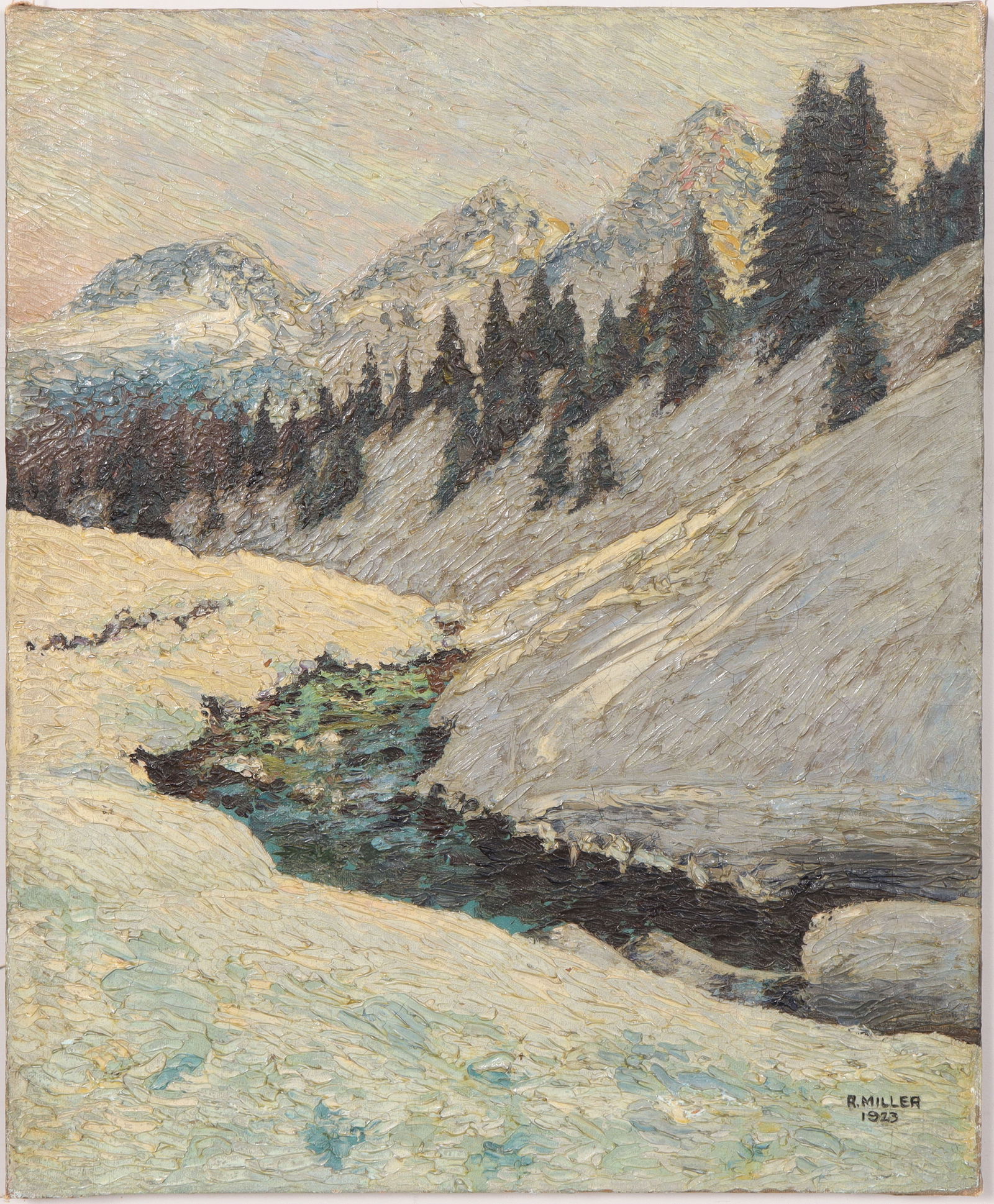 Signed R. Miller 1923 Antique American Impressionist Winter Snow Landscape Oil Painting: Antique American impressionist landscape oil painting. Oil on canvas. Signed. Measuring: 17 by 21 inches overall. Please see all images for condition. Size is measured and written on the back of