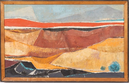 Signed Vintage American Southwest Abstract Desert Landscape Modernist Framed Oil Painting