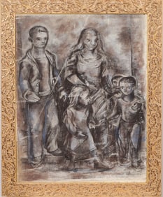 Vintage American Modernist Family Portriait Signed Social Realist Street Scene Framed Oil Painting