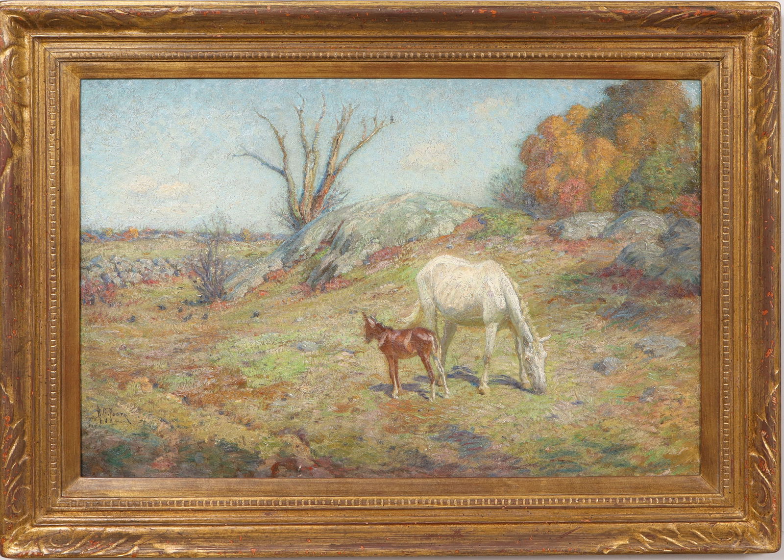 Henry Rankin Poore (1859 - 1940) Antique American Impressionist Horse Landscape Signed Oil Painting: Antique American impressionist landscape oil painting by Henry Rankin Poore (1859 - 1940). Oil on canvas. Framed. Signed. Measuring: 27 by 36 inches overall, and 20 by 29 painting alone. Please see al