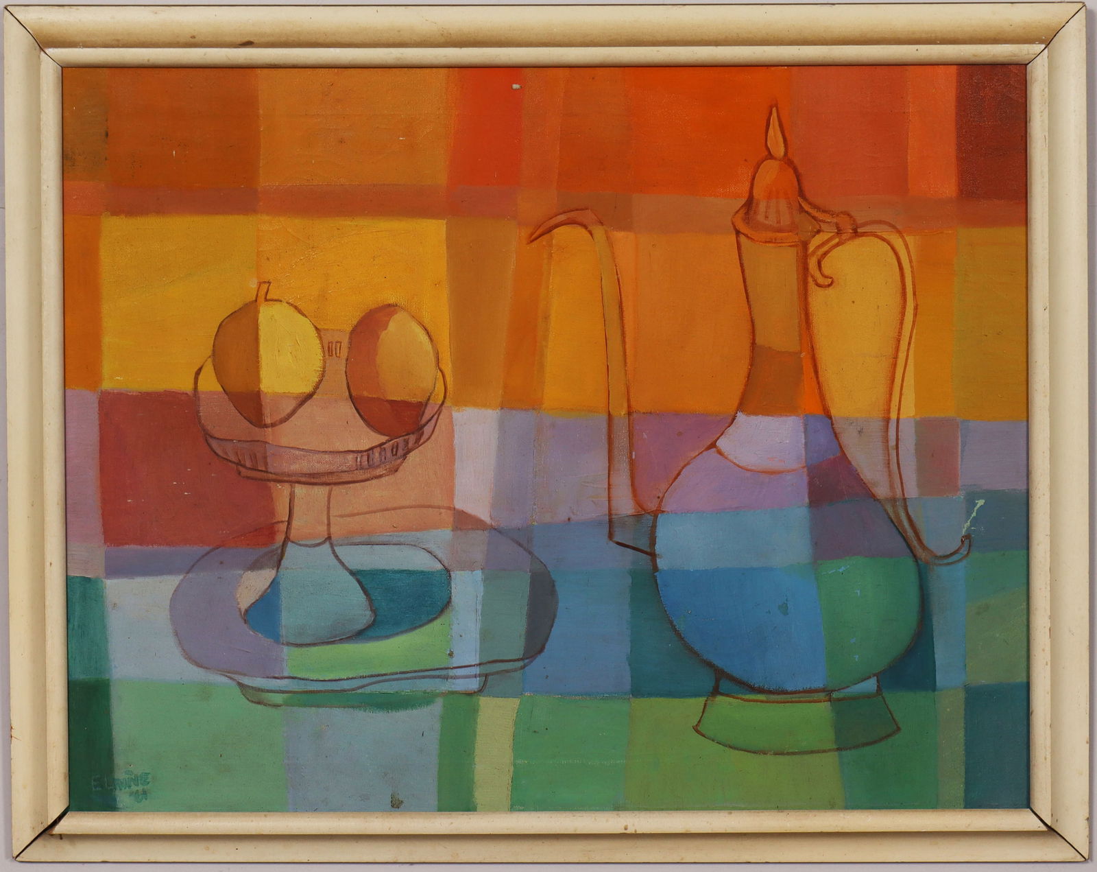 Vintage American Modernist Abstract Still Life Framed Signed Oil Painting: Vintage American still life oil painting. Oil on canvas. Signed. Framed. Measuring: 25 by 31 inches overall, and 22 by 28 painting alone. Please see all images for condition. Size is measured