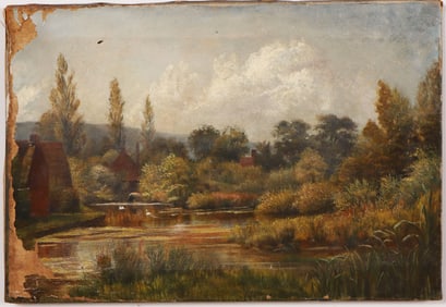 Antique European Impressionist Lake Landscape Oil Painting