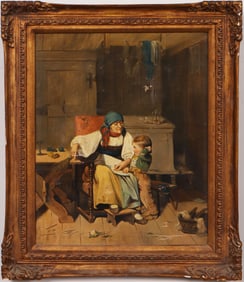 Vintage Genre Scene "The Tutor" Framed Original Interior View Realist Portrait Oil Painting
