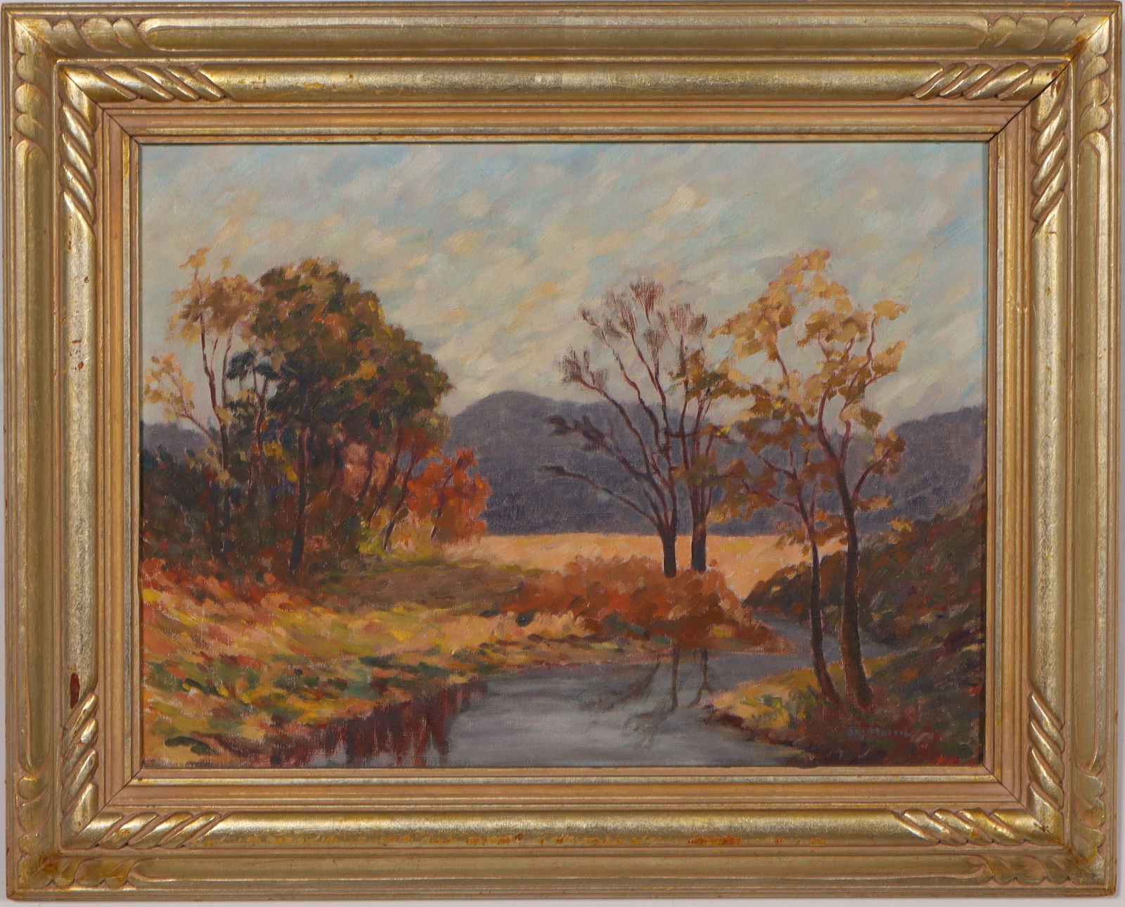 Vintage American Impressionist Framed Landscape Signed Fall Oil Painting: Vintage American impressionist oil painting. Oil on board. Signed. Measuring: 16.5 by 20 inches overall, and 12 by 16 painting alone. Please see all images for condition. Size is measured and