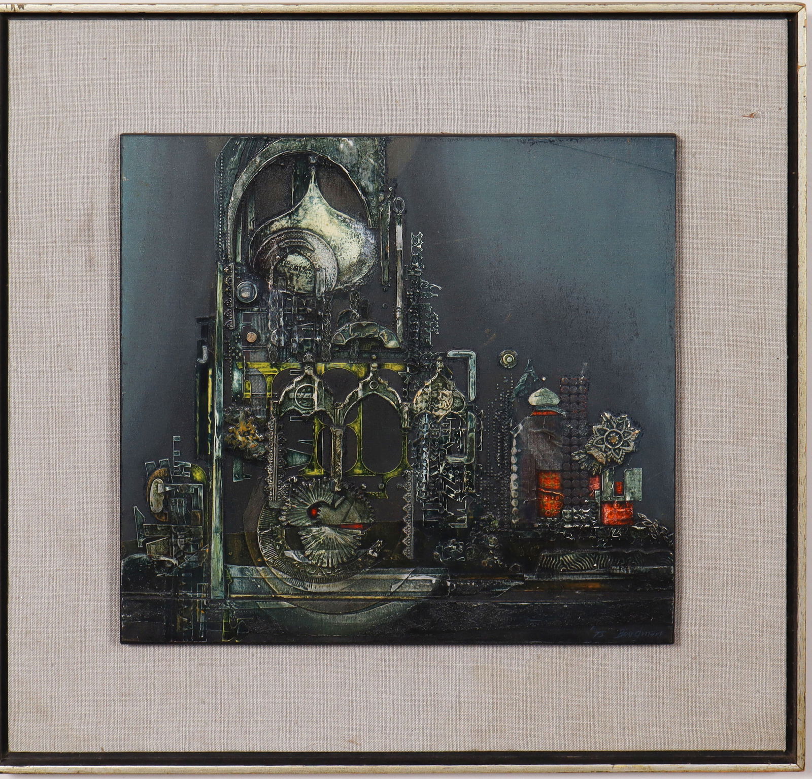 Signed Framed 1975 Vintage American or European Modernist Abstract Oil Painting: Vintage American or European abstract oil painting. Oil on board. Framed. Measuring: 22.5 by 23 inches overall, and 15 by 16 painting alone. Please see all images for condition. Size is measured