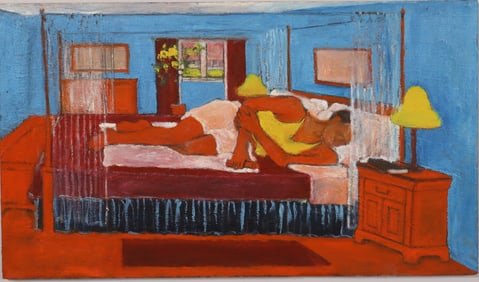 "Napping" Vintage American Modernist Interior Scene Portrait Oil Painting