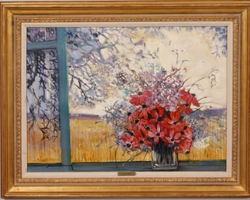 Michel Henry (1928-2016)  Signed Vintage French Impressionist Window Flower Still Life Oil Painting
