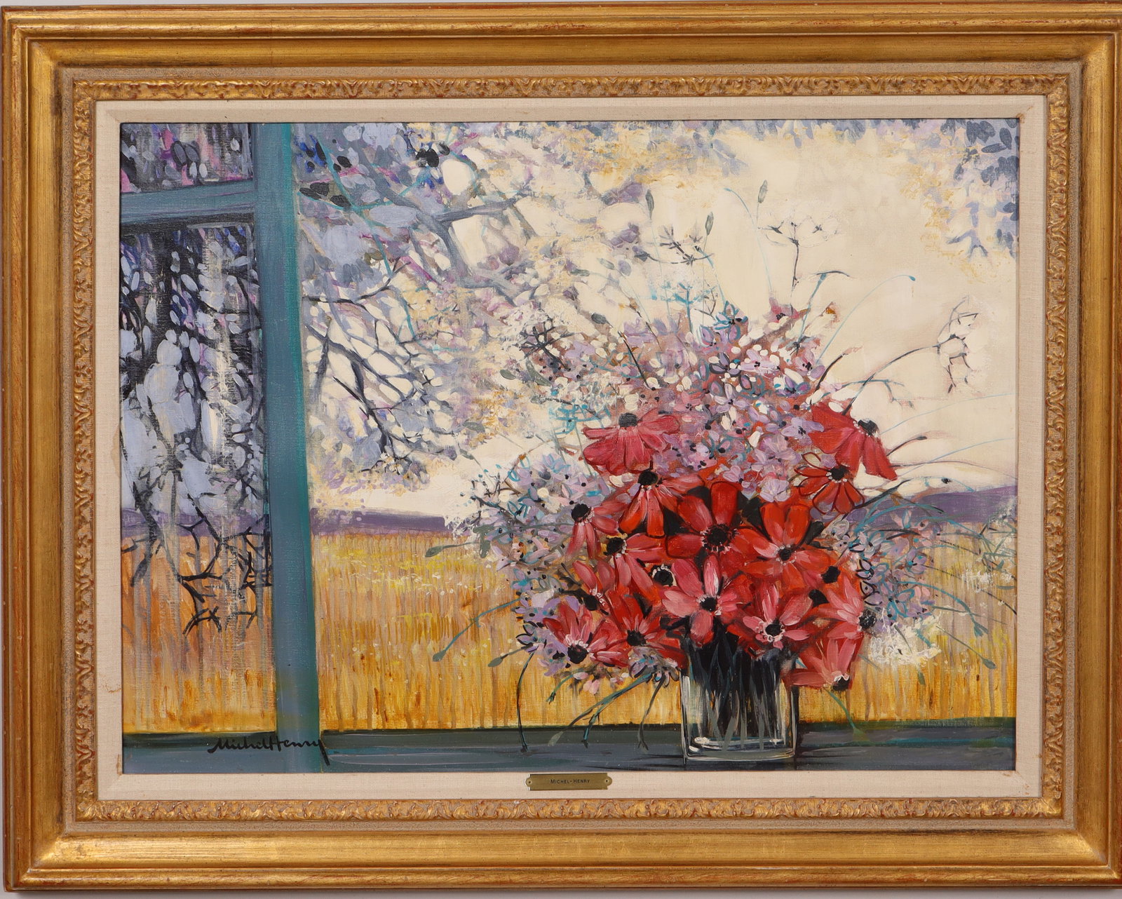 Michel Henry (1928-2016) Signed Vintage French Impressionist Window Flower Still Life Oil Painting: Vintage French impressionist still life oil painting by Michel Henry (1928 - 2016). Oil on canvas. Framed. Signed. Measuring: 32 by 40 inches overall, and 26 by 34 painting alone. Please see