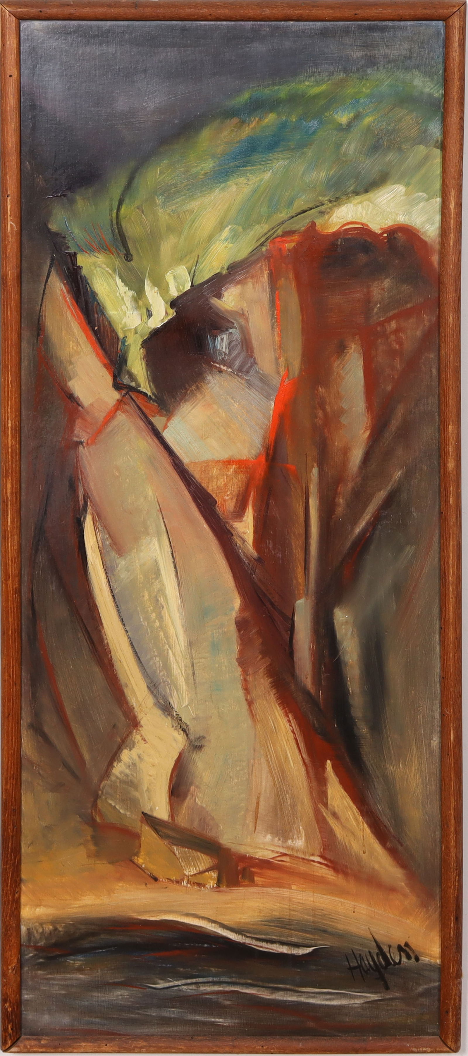 Signed "Hayden" Vintage American Modernist Large Abstract Seascape Framed Original Oil Painting: Vintage American abstract seascape oil painting. Measuring: 49.75 by 19.5 inches overall, and 48 by 18 painting alone. Please see all images for condition. Size is measured and written on the back