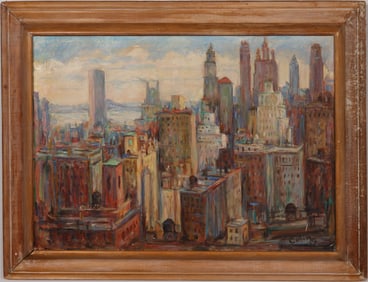 Monumental Vintage American Modernist New York City View Signed "Colin 57" Framed  Oil Painting