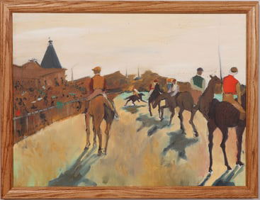 Vintage American School Modernist Equestrian Horse Race Sporting Art Landscape Oil Painting