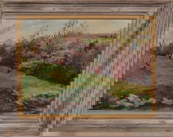 Vintage American Modernist Cherry Blossom Impressionist Framed Landscape Signed Oil Painting