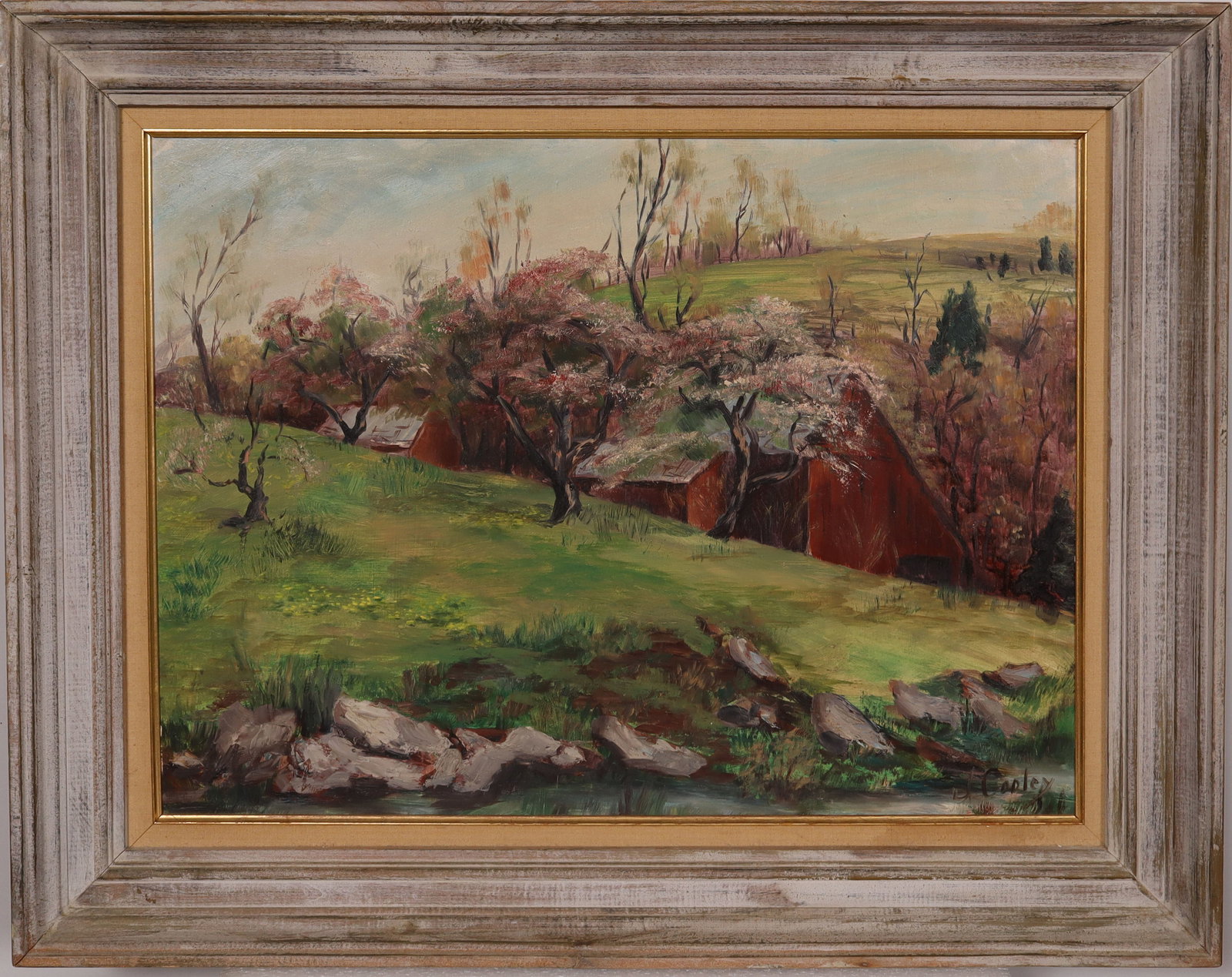 Vintage American Modernist Cherry Blossom Impressionist Framed Landscape Signed Oil Painting: Vintage American impressionist landscape oil painting. Measuring: 24 by 30 inches overall, and 20 by 24 painting alone. Please see all images for condition. Size is measured and written on the back of