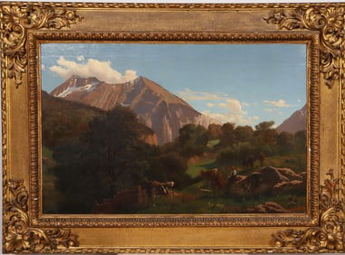 Pietro Senno (1831-1904) Antique Italian Large Alps Mountain Scene Signed Framed Oil Painting