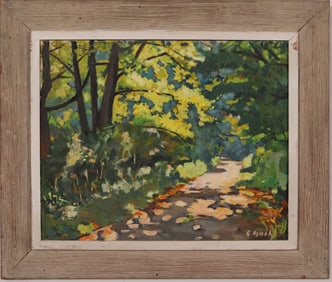 Vintage American Modernist Nicely Framed Sunlit Landscape Signed Oil Painting