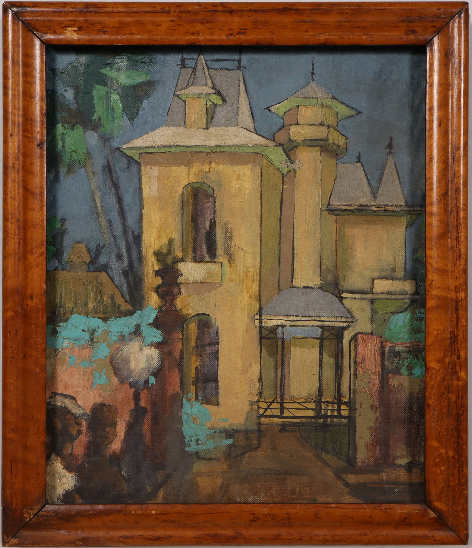 Vintage American Modernist Street Scene Cubist Figural Framed Oil Painting (1 of 6)