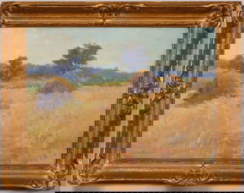 Kathryn Cherry (1860-1931) Antique American Impressionist Haystack Landscape Framed Oil Painting