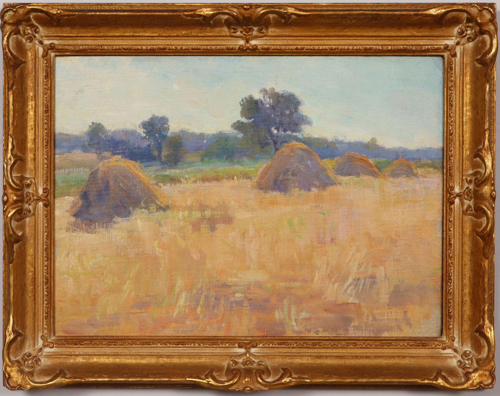 Kathryn Cherry (1860-1931) Antique American Impressionist Haystack Landscape Framed Oil Painting: Vintage American impressionist landscape oil painting. Oil on board. Framed. Measuring: 17 by 22 inches overall, and 13 by 18 painting alone. Please see all images for condition. Size is measured and