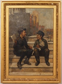 John Henry Henrici (1863 - 1958) Antique American New York Cityscape Newspaper Boy Portrait Painting