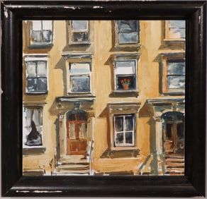 Vintage American Modernist Cityscape Framed Oil Painting