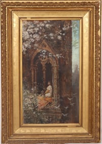 Antique Italian Signed Impressionist Large Giltwood Framed Cityscape Portrait Oil Painting