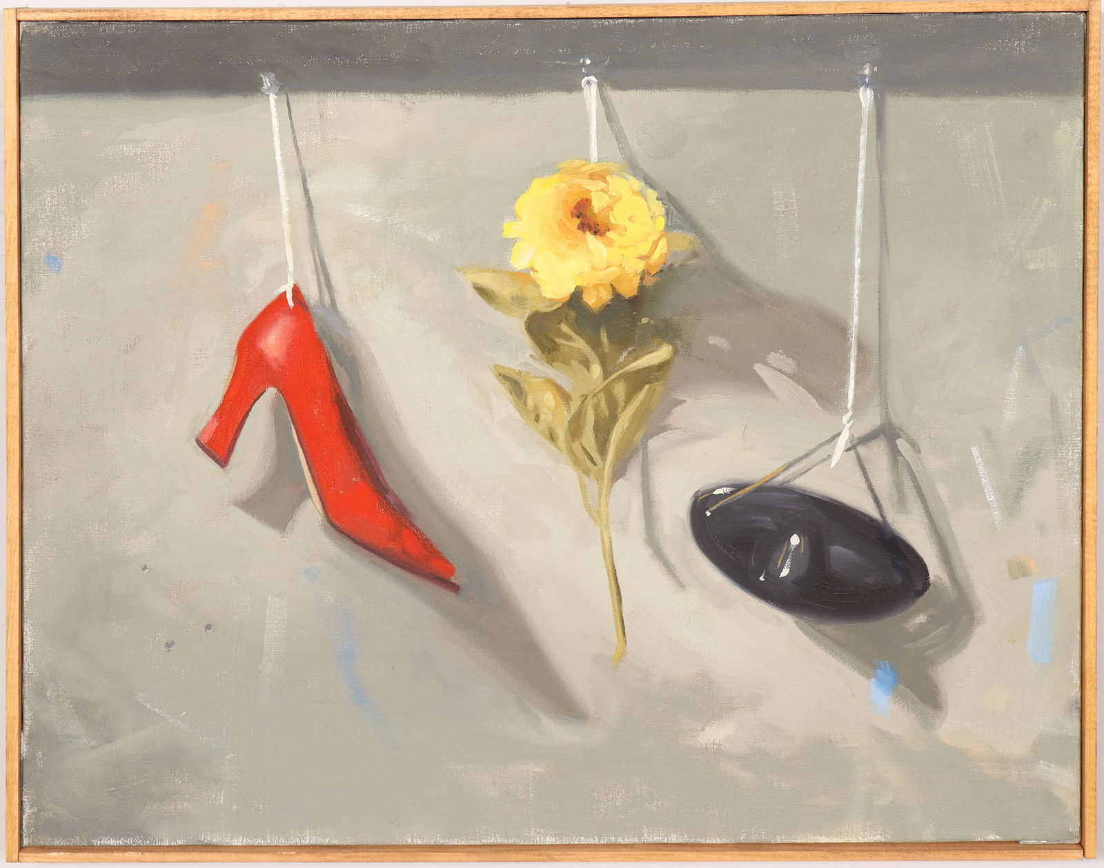 Vintage American Modernist Stiletto Heels and Flower Still Life Oil Painting: Vintage American oil painting. Measuring: 16 by 20 inches overall. Please see all images for condition. Size is measured and written on the back of the painting or next to each object. The first