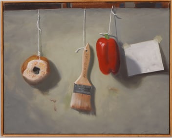 Vintage American Modernist Doughnut and PaintBrush Framed Oil Painting