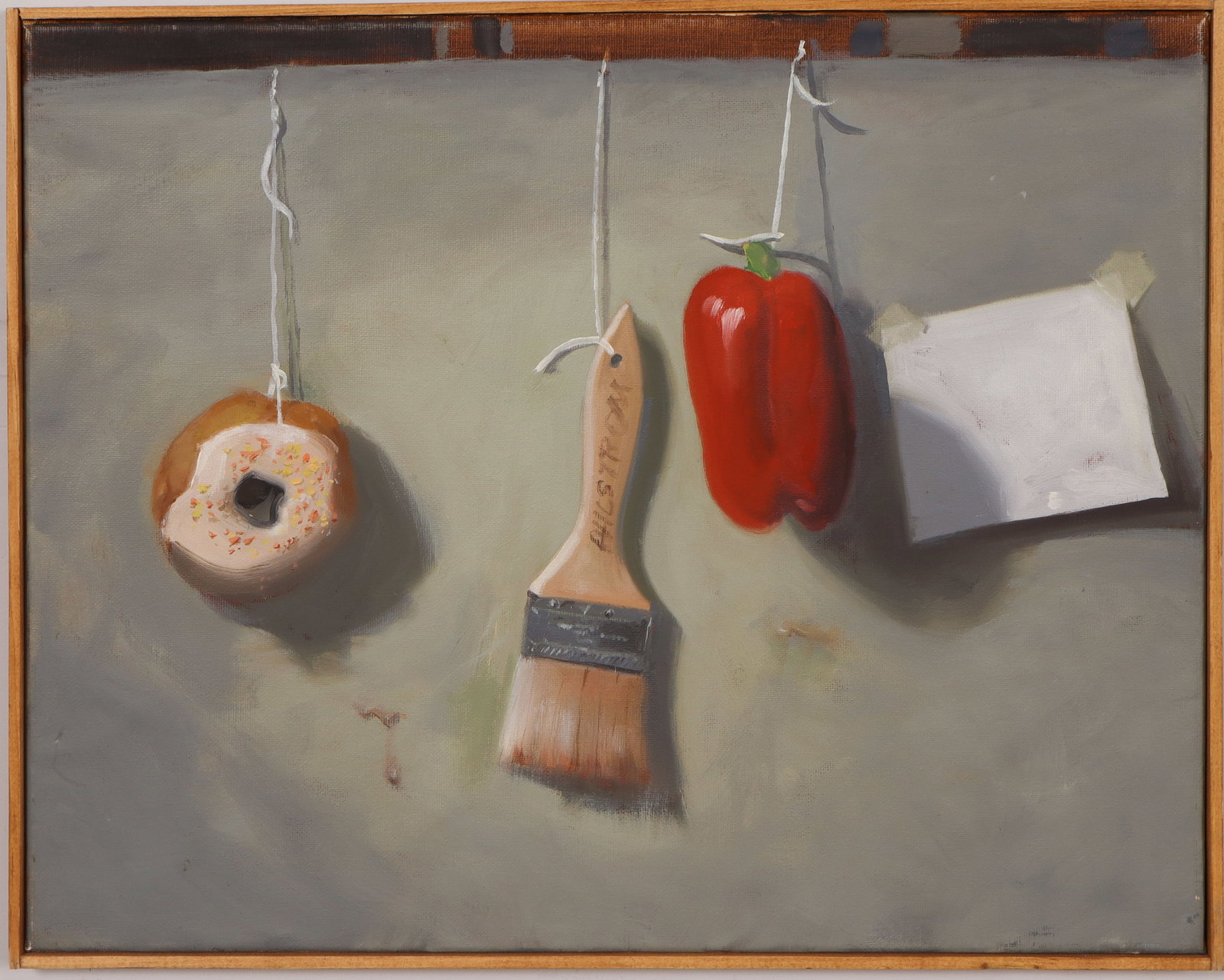 Vintage American Modernist Doughnut and PaintBrush Framed Oil Painting: Vintage American modernist still life oil painting. Oil on canvas. Measuring: 16 by 20 inches overall. Please see all images for condition. Size is measured and written on the back of the painting