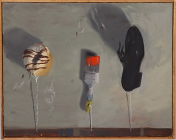 Vintage American Modernist Still Life With Doughnut Framed Oil Painting