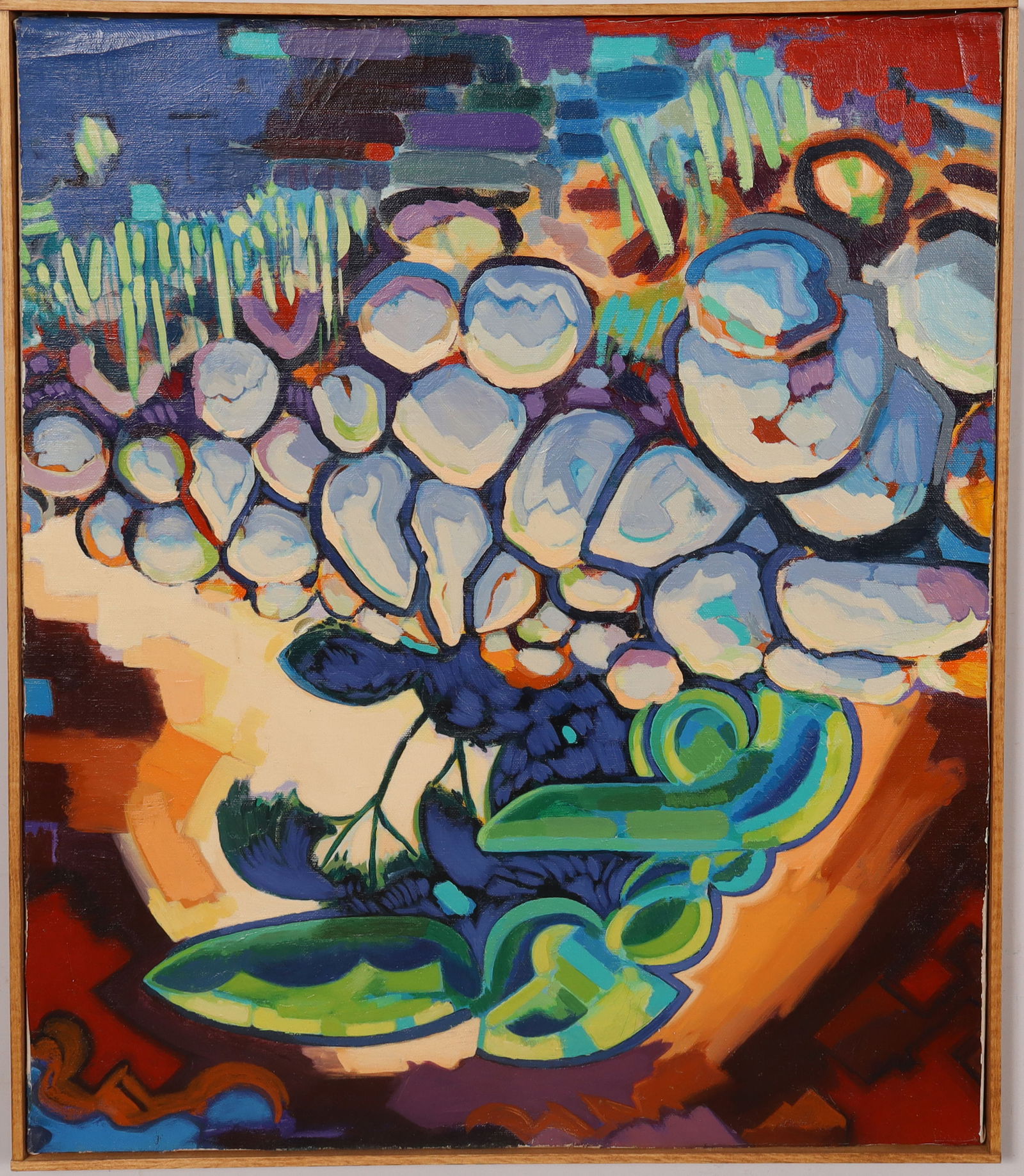 Vintage American Modernist Abstract Framed Landscape Oil Painting: Vintage American modernist abstract landscape oil painting. Oil on canvas. Framed. Measuring: 19 by 23 inches overall. Please see all images for condition. Size is measured and written on the