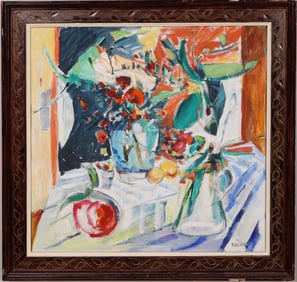 Vintage American Modernist Abstract Kitchen Still Life Signed Original Framed Cubist Oil Painting