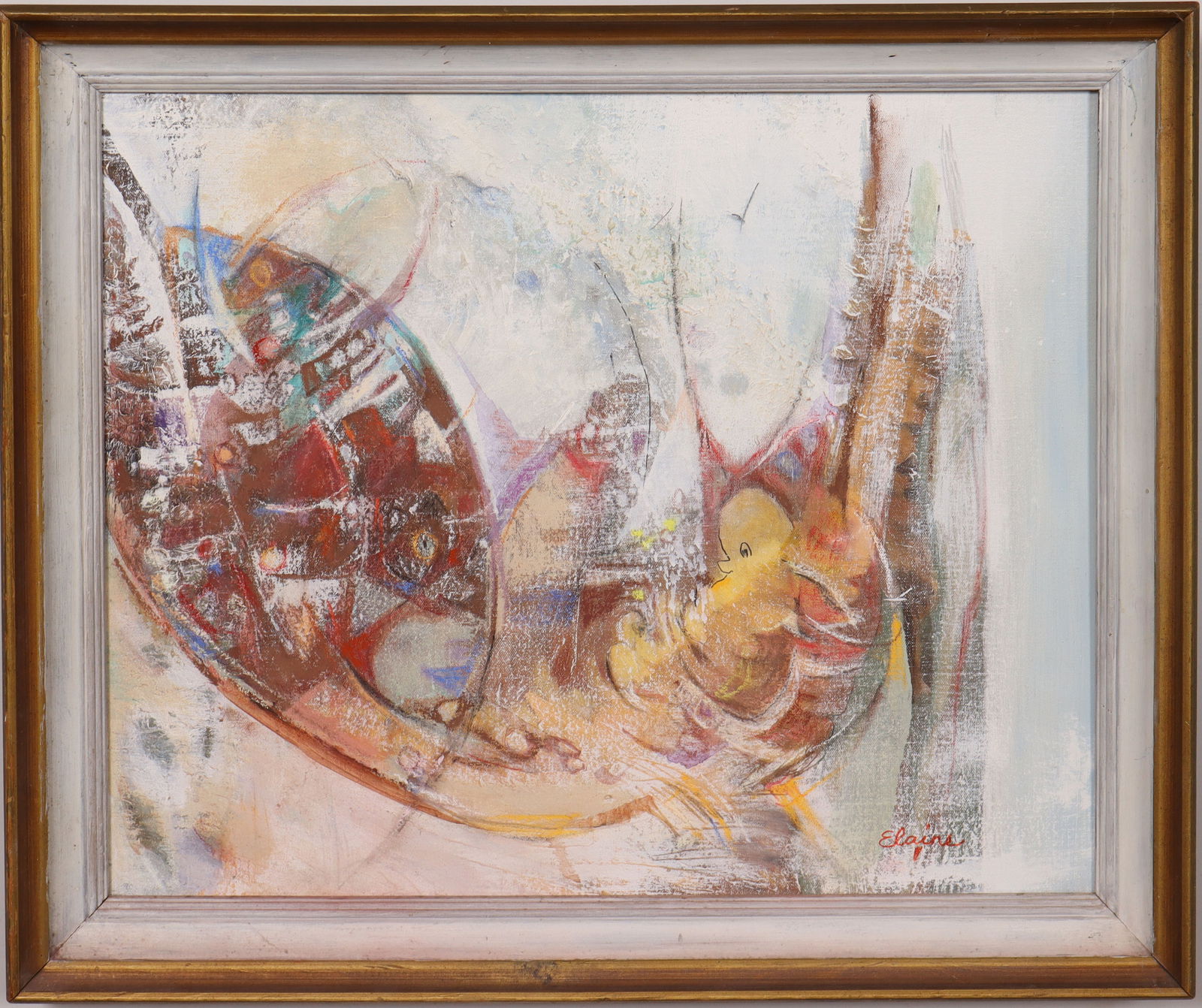 Vintage American School Modernist Abstract Signed Framed Oil Painting: Vintage American oil painting. Measuring: 28 by 24 inches overall, and 24 by 20 painting alone. Please see all images for condition. Size is measured and written on the back of the painting or next