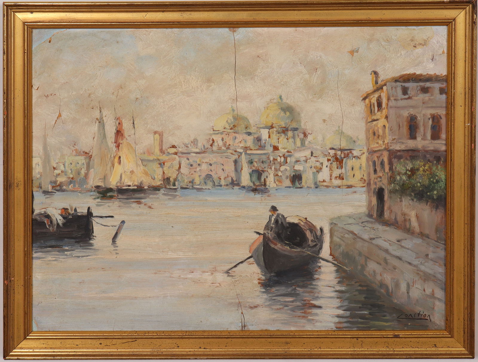 Antique Italian Impressionist Venice Cityscape Framed Signed Original Oil Painting: Vintage American oil painting. Measuring: by inches overall, and by painting alone. Please see all images for condition. Size is measured and written on the back of the painting or next to each