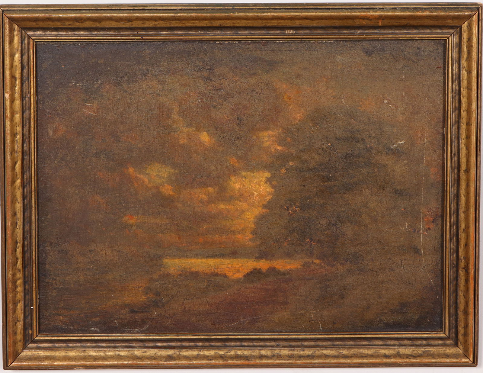 Antique American Tonalist Landscape Framed Sunset Cloudscape Oil Painting: Antique American landscape oil painting. Oil on board. Signed. Measuring: 15 by 19 inches overall, and 12 by 17 painting alone. Please see all images for condition. Size is measured and written