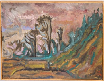 Vintage American Modernist Framed Landscape Oil Painting