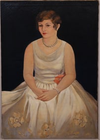 Antique American PAFA Impressionist Portrait Signed Dated Large Flower Dress Art Deco Oil Painting