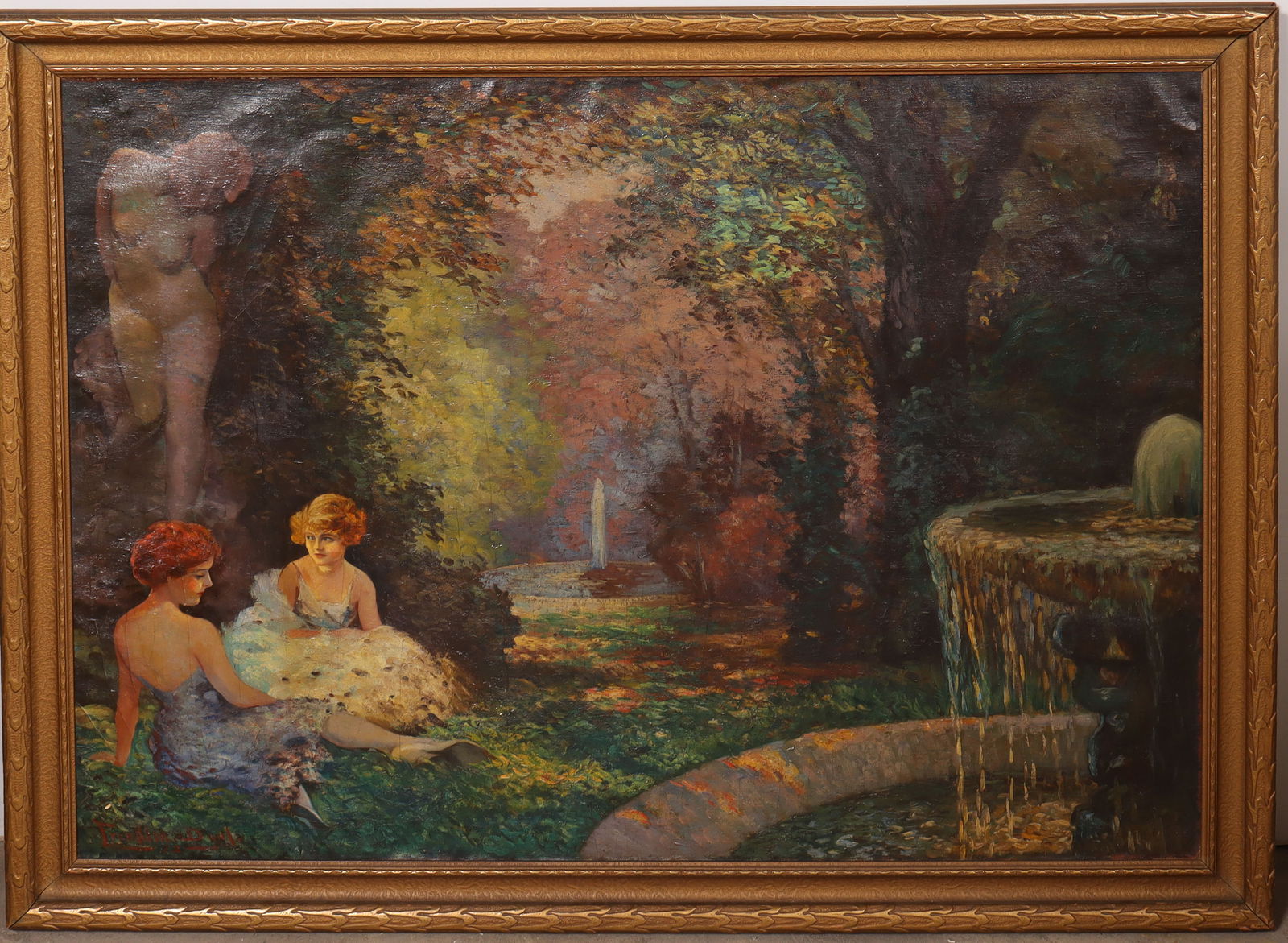 Large Antique American Impressionist Signed 1922 Nude Women Garden Scene Framed Oil Painting: Large antique American oil painting. Measuring: 41.5 by 53.5 inches overall, and 36 by 48 painting alone. Please see all images for condition. Size is measured and written on the back of the painting