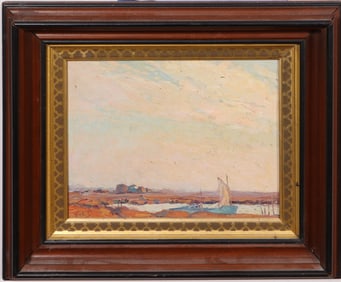 George A. Renouard (1885 - 1954) Antique American Impressionist Lake Scene Fishing Village Painting