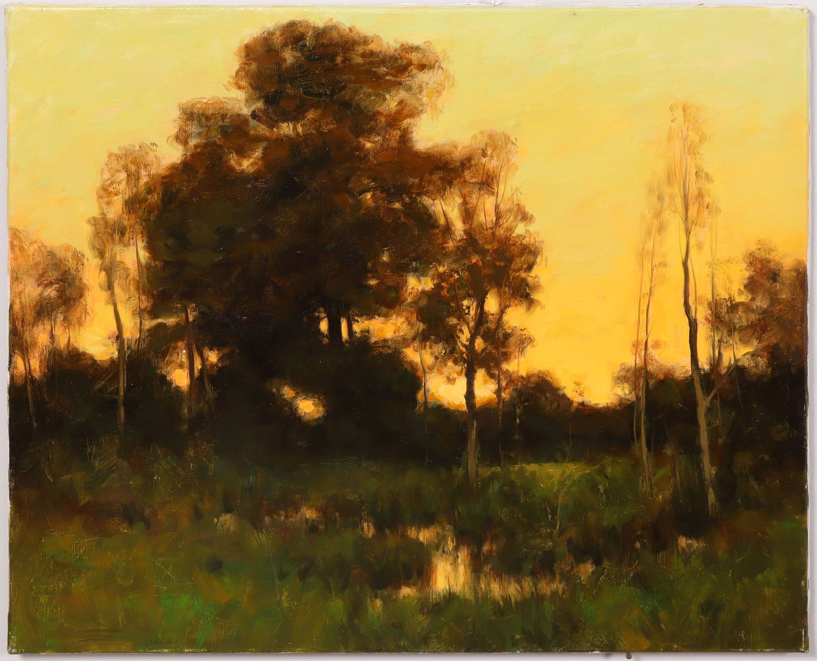 Dennis Sheehan (Born 1950) Blazing Sunset Vintage American Impressionist Landscape Oil Painting: Vintage American landscape oil painting. Signed lower left. Measuring: 30 by 36 inches overall. Please see all images for condition. Size is measured and written on the back of the painting or next to
