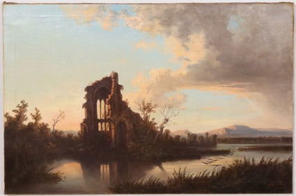Wilhelm Beurlin (fl. 1873-1877) Antique German Signed 1859 Sunset Ruins Landscape Oil Painting
