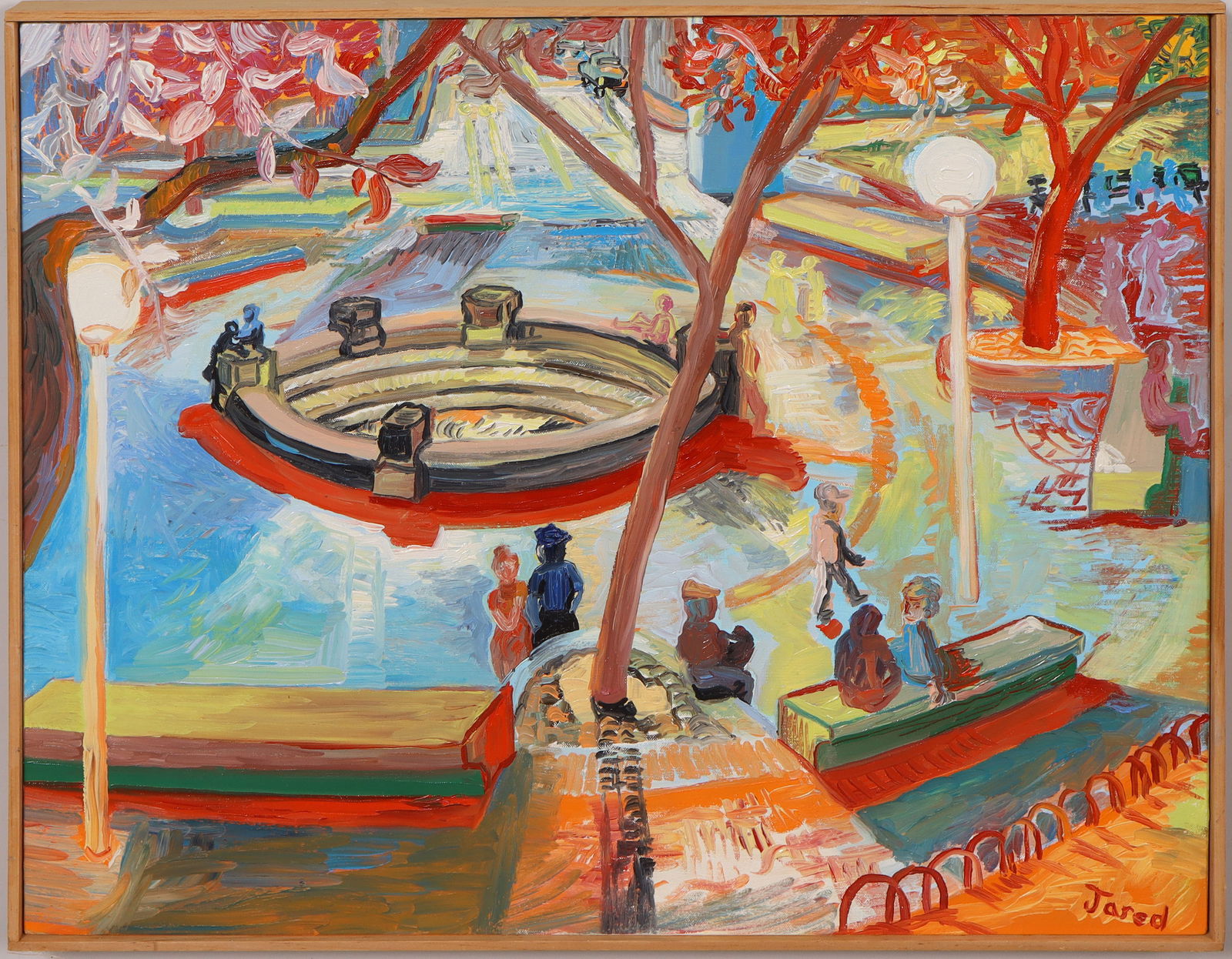 Vintage American Modernist New York City Washington Square Park Fauvist Street Scene Oil Painting: Vintage American fauvist park scene oil painting. Measuring: 20 by 24.5 inches overall. Please see all images for condition. Size is measured and written on the back of the painting or next to each ob