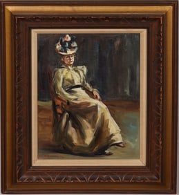 Vintage American Impressionist High Society Woman Portrait Framed Oil Painting