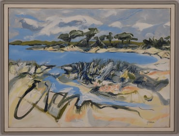 Calvin Grimm Signed Vintage American Modernist Tropical Beach Scene Framed Oil Painting