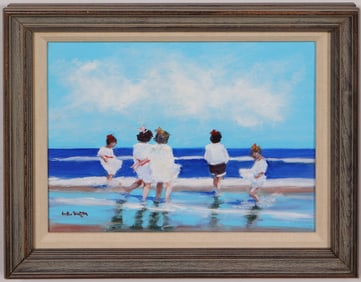 Vintage American Impressionist Framed Folk Art Beach Scene Oil Painting