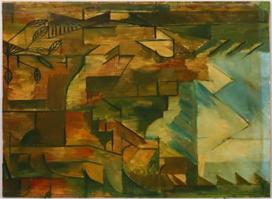 Vintage American Cubist Modernist Mountain Landscape Oil Painting